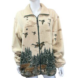 Nanuk Unisex Full Zip Fleece Jacket Wildlife Print Beige Green Outdoors Oversize